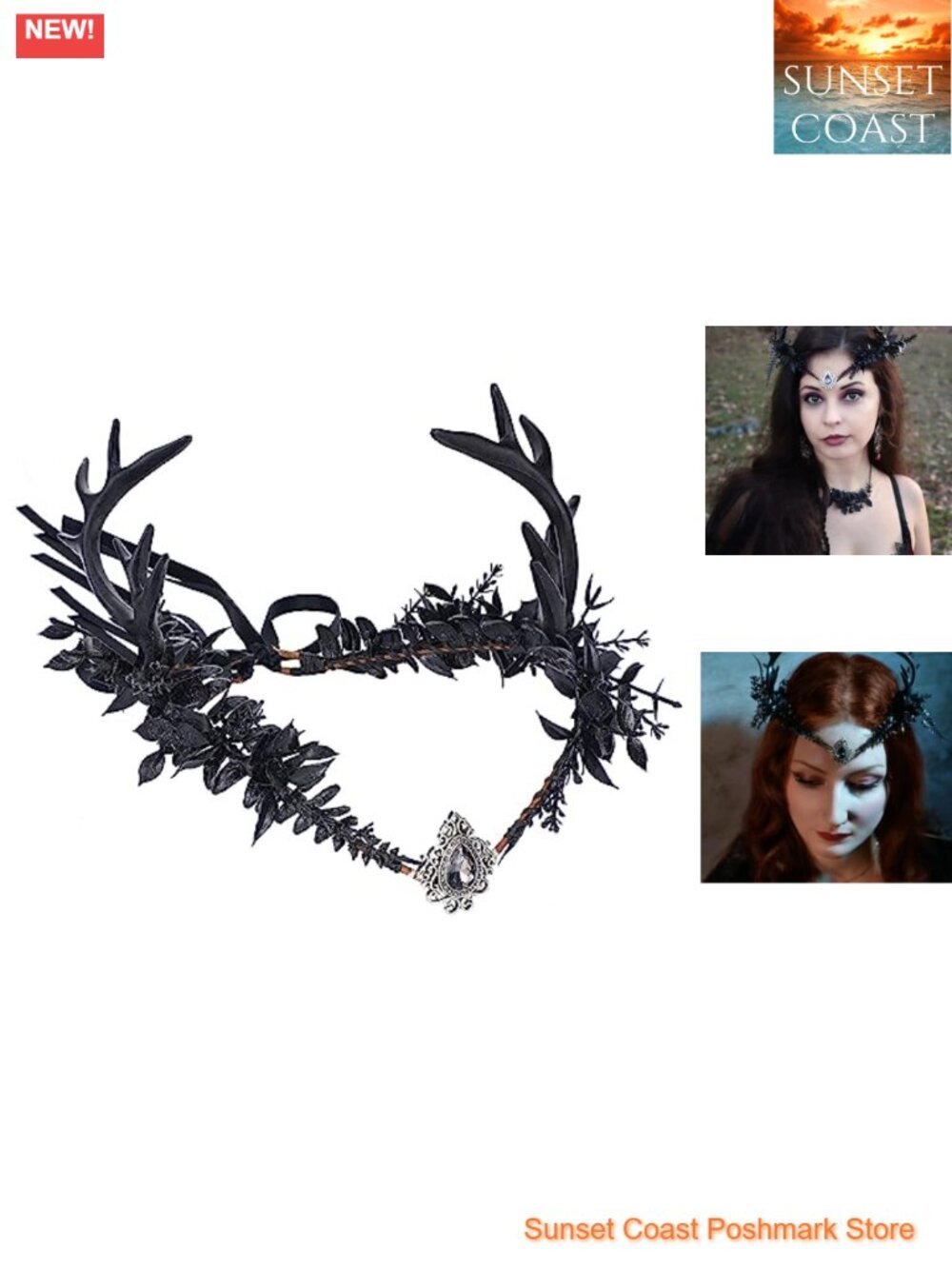 Adjustable Black Flower Antler Crown Fairy Headpiece Renaissance Costume